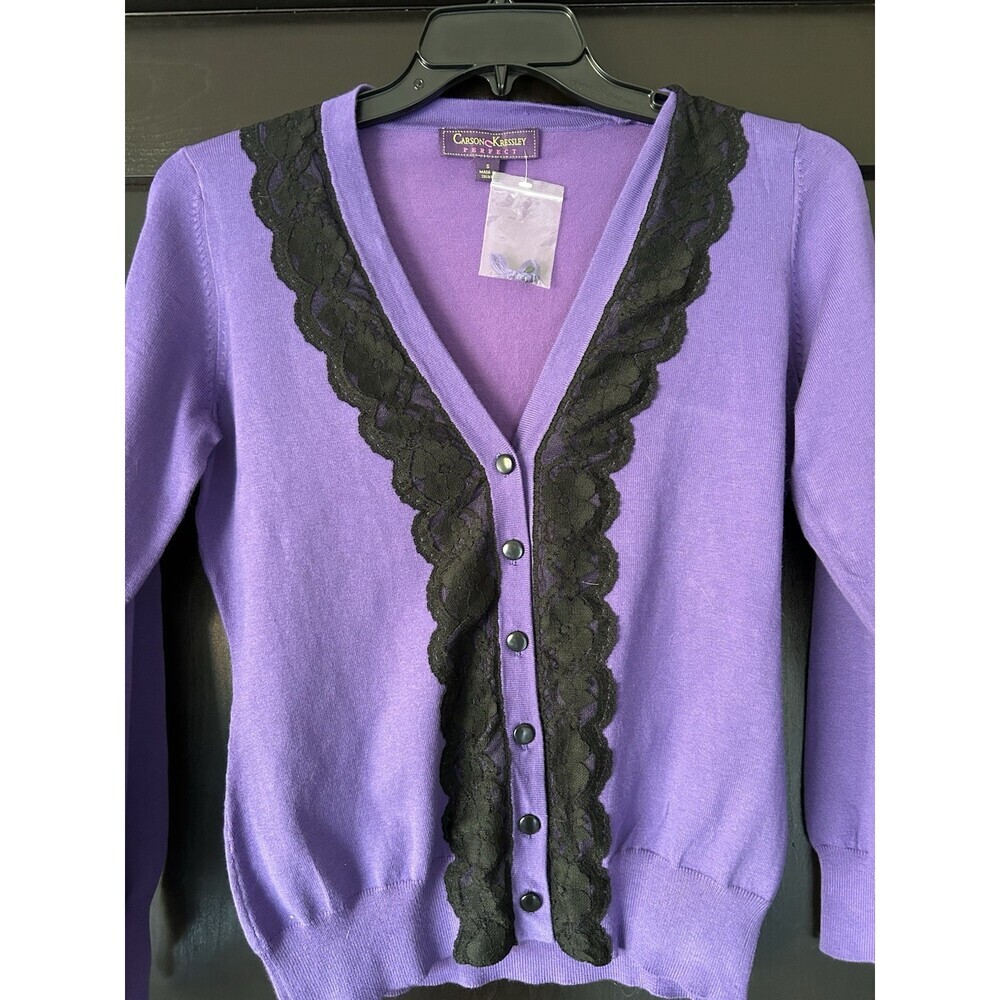 Sweater Button Down Sz S V Neck Purple Black Lace Detail NWOT